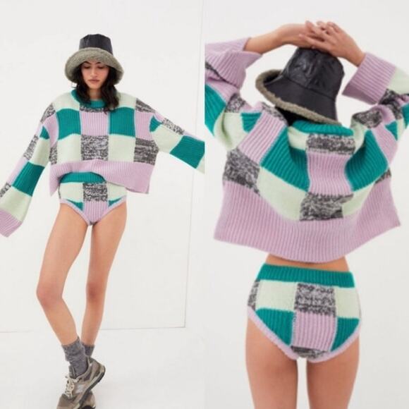 For Love & Lemons Green Colorblock Finley Cropped Oversized Sweater Sz XS NWT - Picture 10 of 15